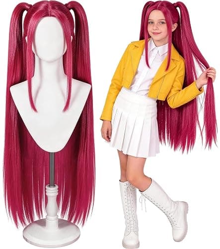 Hot Pink Cosplay Wig for Kids with 2 Ponytails, Long Straight Synthetic Wig | Synthetic anime-style wig for Halloween,carnival,costume parties, cosplay role play,and themed dress-up events - Image 1