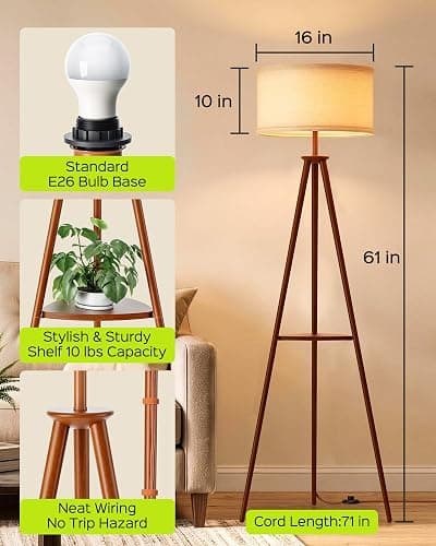JACKYLED Tripod Floor Lamp with Shelves Mid Century Modern for Living Room | 3 Color Temperatures & RGB, Remote Control & Foot Switch, E26 Base, Bedroom, Reading Corner, Office, Party, LED Bulb Include thumbnail 6