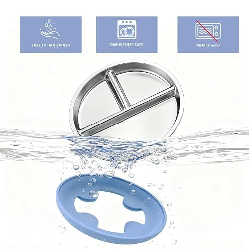 Bakpoco Stainless Steel Suction Plates for Toddlers, 8" Divided Kids Baby Plates with Removable Silicone Suction, Non Toxic Non Slip Portion Control Snack Dishes 3 Packs, Blue Gray Beige thumbnail 9