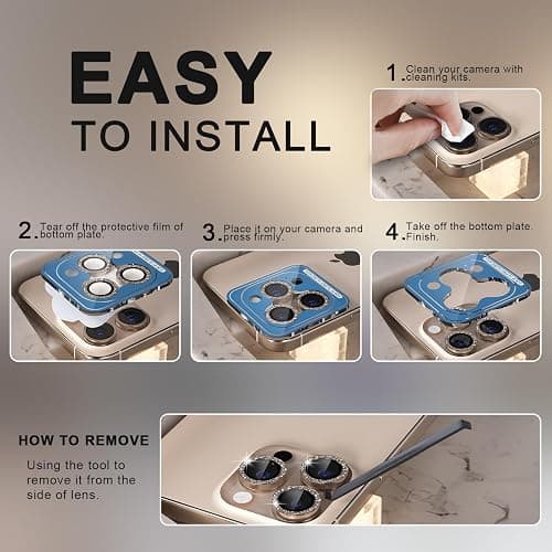 Choiche Compatible for iPhone 16 Pro/iPhone 16 Pro Max Camera Lens Protector Bling, 9H Tempered Glass Camera Cover Screen Protector Metal Ring Decoration Accessories(Glitter-Titanium Desert) thumbnail 7