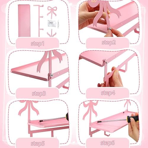 Otoolling Wall Hooks with Shelf Pink Bow Key Holder Metal Coat Clothes Rack Wall-Mounted Entryway Hanging Shelves with 5 Metal Hooks Cute Coquettish Room Wall Decor for Nursery Room Bedroom Kitchen thumbnail 4