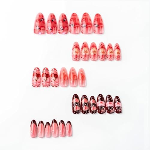 BABALAL Press on Nails Medium Almond Fake Nails Pink Strawberry Glue on Sweet Heart Bow Lips Art False Acrylic Nails Y2k 24Pcs Valentines Custom Stiletto Full Cover for Women Girls thumbnail 6