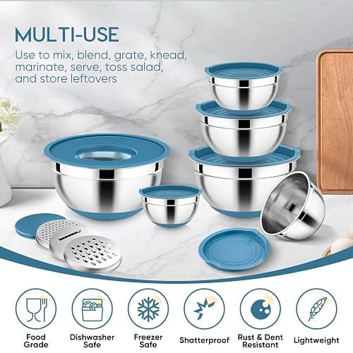 E-far 25PCS Mixing Bowls with Lid Set, Stainless Steel Nesting Prep Bowls with Grater Attachments Non-Slip Bottoms for Cooking, Baking, Serving, Food Storage, 4.6/2.6/2/1.5/1/0.7QT - Blue thumbnail 6