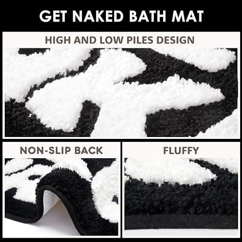 DyeFury Irregular Shaped Get Naked Bath Mat - Fun, Cute Non-Slip Black & White Decor, 31" x 18" - Black thumbnail 6