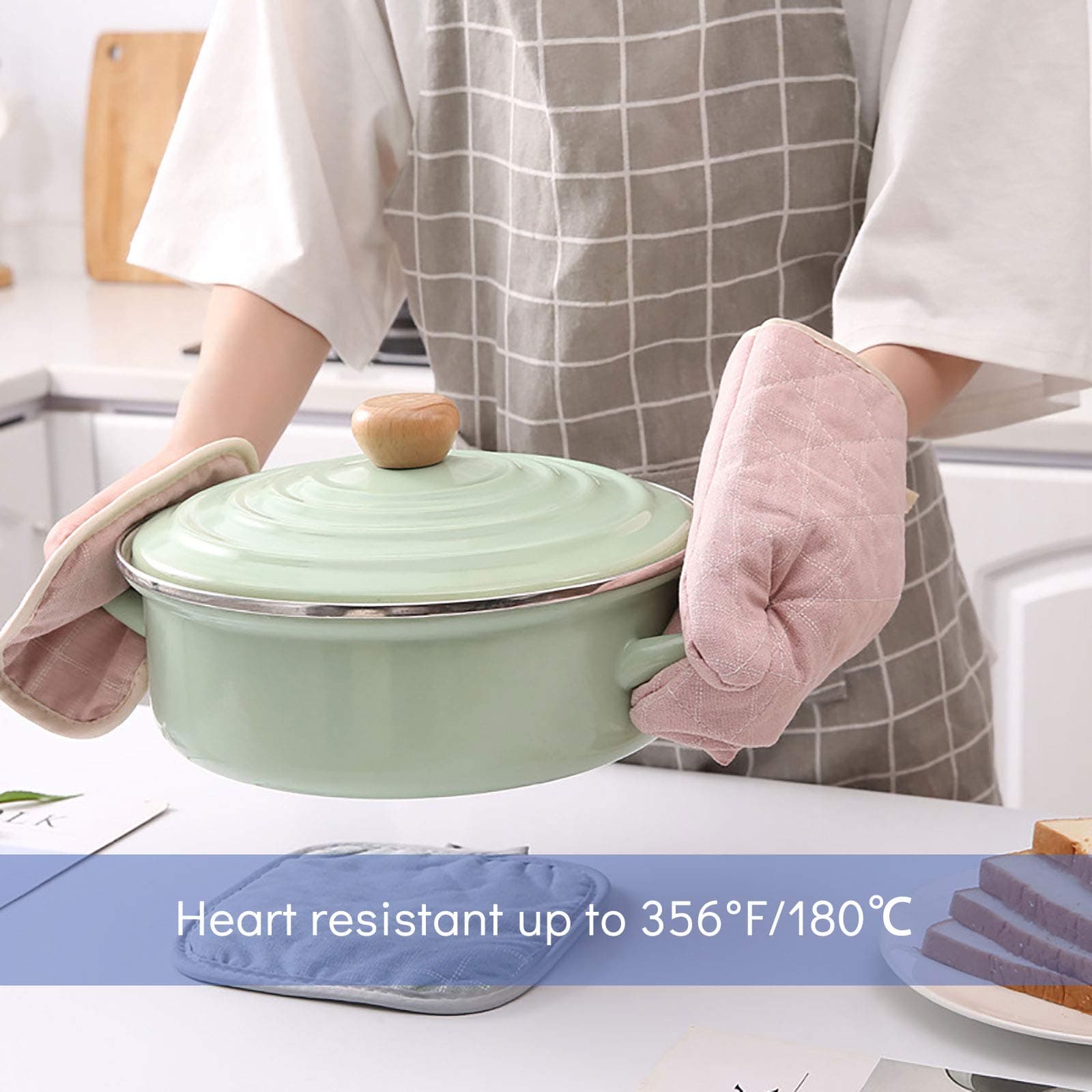 Pretty Jolly Oven Mitts and Pot Holders Sets 4 pcs, Pink Oven Mitt Set with Potholders for Kitchen Heat Resistant, Hot Pads and Oven Mitts Sets Kitchen Mittens Home Cooking Baking Mitts for Woman thumbnail 3