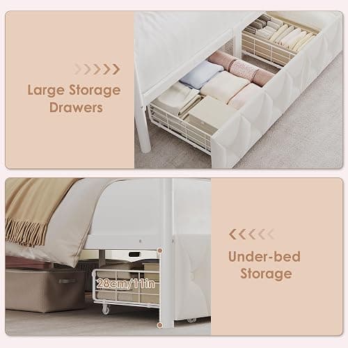 Keyluv Queen Size Upholstered LED Canopy Bed Frame with Charging Station and Drawer, Button Tufted Crown Headboard with Storage Shelf, Two-Purpose Removable Four Poster Design Platform Bed, Beige thumbnail 6