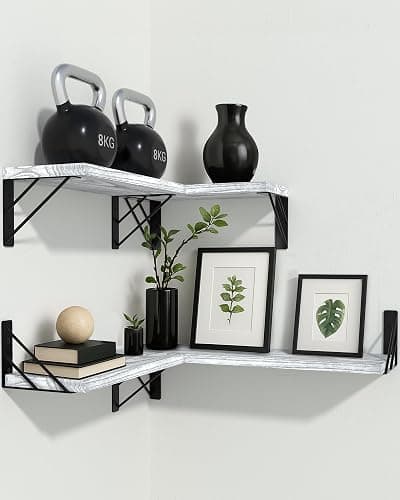 BAYKA Wall Shelves for Bedroom Decor, Floating Shelves for Living Room Kitchen Storage, Wall Mounted Rustic Wood Floating Shelves for Kids Books, Corner Shelf for Bathroom(Gray White，Set of 4) thumbnail 9