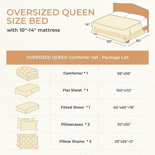 Sasttie Oversized Queen Comforter Set, 7-Piece Bed in a Bag, Pintuck Bedding Sets for All Season, Includes Comforter, Flat Sheet, Fitted Sheet, Pillowcases and Pillowshams, Beige thumbnail 7