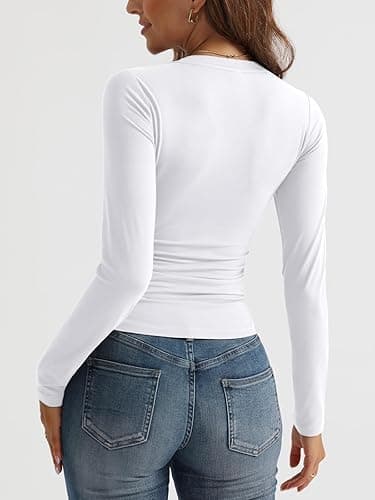 Trendy Queen Long Sleeve Shirts for Women 2025 Fall Fashion V Neck Basics Crop Tops Slim Fitted Y2K Tops Outfits Clothes thumbnail 4