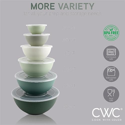 COOK WITH COLOR Mixing Bowls with Lids - 12 Piece Plastic Nesting Bowls Set includes 6 Prep Bowls and 6 Lids, Microwave Safe Mixing Bowl Set (Sage) thumbnail 5
