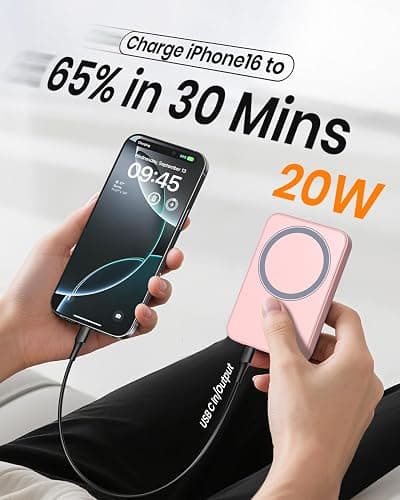 A ADDTOP Magnetic Power Bank 10000mAh- 20W Schnelllade iPhone Ladegerät for Magnetisch, UltraSlim Wireless Portable Charger with USB-C In&Out, LED Display Akku-Pack für iPhone 17/16/15/14/13/12 Rosa thumbnail 4