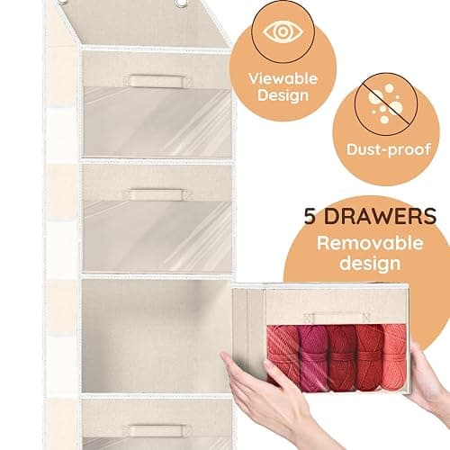 Ofiray-home Hanging Yarn Storage Organizer with 5 Drawers, Over the Door Large Capacity Knitting Organizer Storage&10 Mesh Side Pockets, Hanging Yarn Holder for Knitting Needles, Crochet Hooks- Beige thumbnail 3