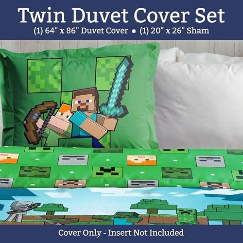 Jay Franco Duvet Cover Set – 2 Piece Comforter Cover and Sham Set, Super Soft Cozy Kids Bedding (Insert Not Included) Blue - Minecraft, Twin thumbnail 2