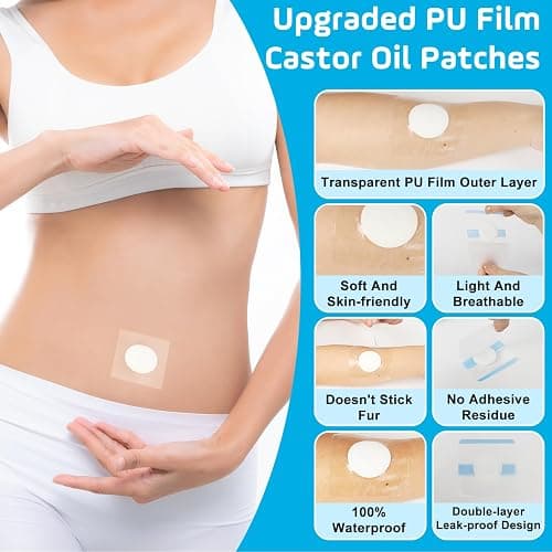 30Pcs Castor Oil Patches for Belly Button, Castor Oil Pack Wrap, Self-Adhesive Disposable Leak-Proof Organic Cotton Pads, Oil Absorbent PU Film Patch for Skin Care, No Castor Oils Included thumbnail 3