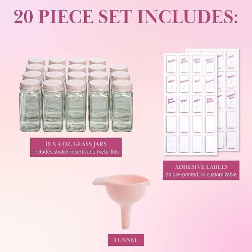 Paris Hilton Glass Spice Jar Storage Set, 4-Ounce Empty Spice Jars with Labels, Shaker Caps and Metal Lids, Collapsible Funnel Included, 20-Piece, Pink thumbnail 4