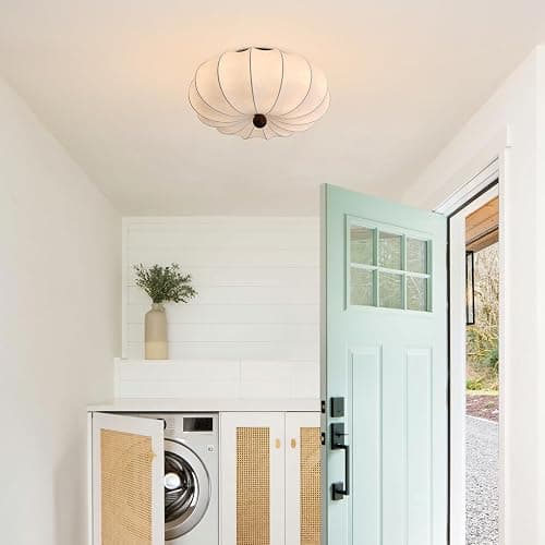 KCO Lighting Modern Silk Flush Mount Ceiling Light Japanese Lantern Ceiling Lamp Large Semi Flush Mount Ceiling Light Fixture White Fabric Drum Shade Chandelier thumbnail 4