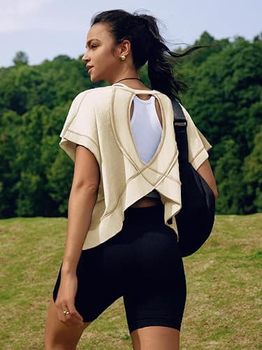 SENSERISE Womens Open Back Workout Tops Backless Short Sleeve Athletic Shirt Running Crop Top Gym Yoga Tee thumbnail 5