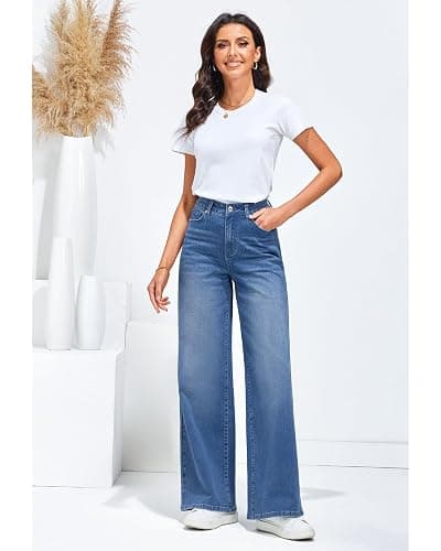 LookbookStore Wide Leg Jeans for Women High Waisted Stretchy Denim Jeans Fashion Baggy Trouser Jean Pants with Pockets - Small - Fresh Bright Blue thumbnail 5