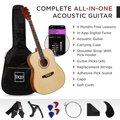 Best Choice Products 41in Full Size Beginner All Wood Acoustic Guitar Starter Set w/Gig Bag, Strap, Capo, Strings, Picks - Natural thumbnail 3