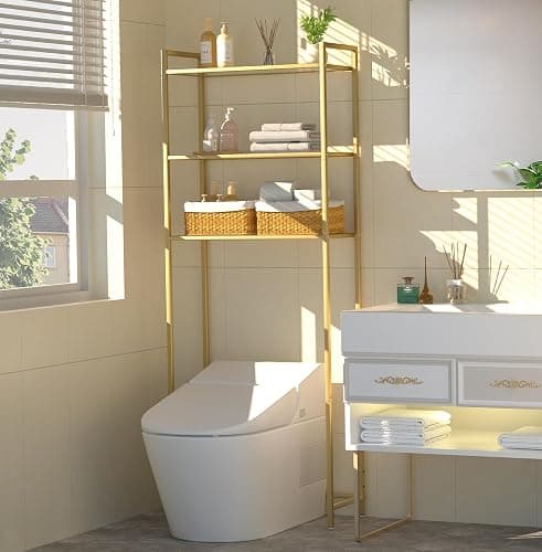 Homhedy Over The Toilet Storage, Metal 3-Tier Over-The-Toilet Bathroom Organizer Rack, Tempered Glass Shelves, Space-Saving, for Bathroom, Restroom, Laundry, Modern Style, Golden thumbnail 2