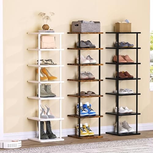 Huhote Shoe Rack Organizer, Shoe Stand, 7 Tier Narrow ShoeShelf, Metal ShoeTower, ShoeRack for Closet, Hallway, Entryway, Front Door, Small Spaces, Wood Color thumbnail 6