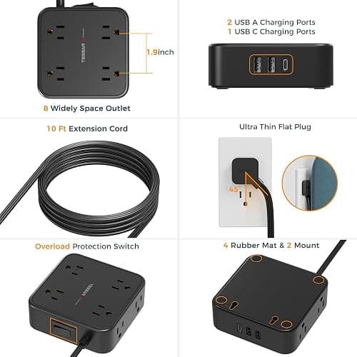 Power Strip Surge Protector 10 Ft Cord, TESSAN 8 AC Outlets 3 USB Charger (1 USB C Port), Thin Flat Extension Cord 10 Feet, Flat Plug, 900 Joules Protection, for Home, Office, Dorm Room Essentials thumbnail 6