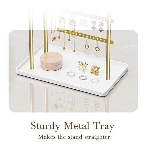 susswiff Jewelry Holder Organizer Stand - Adjustable Tall 17.5" (Max), Sturdy Jewelry Hanger for Necklaces, Earrings, Bracelets, Rings, Jewlery Display and Storage, Gold and White, Metal thumbnail 7