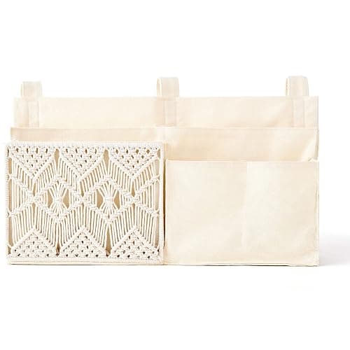 Mkono Bedside Caddy, Macrame Bunk Bed Hanging Organizer, 7 Pockets Ivory | Dorm Room Essentials, Boho Storage Bag, Remote Books Magazines Phone Snacks Drinks Holder, Bedroom Nursery Loft Baby Bed Rail - Image 1