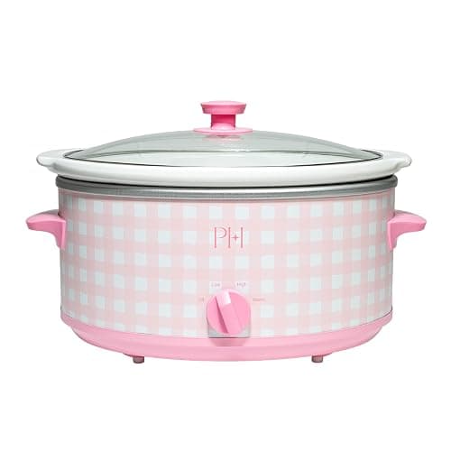 Paris Hilton 6-Quart Manual Slow Cooker, Features Three Settings (Low, High, Warm), Naturally Nonstick and Dishwasher Safe Stoneware Insert, Family Sized Capacity, Gingham Pink - Image 1