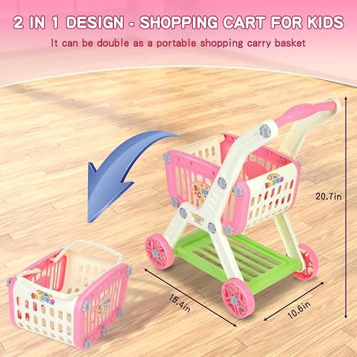 Ming You 2-in-1 Kids Shopping Cart Toy with Pretend Play Foods for Kids | 72pcs Toddler Grocery Cart Set with Fake Money and Shopping Bag for Imaginative Play, Birthday Gift for Girl Ages 3-5 (Pink) thumbnail 3