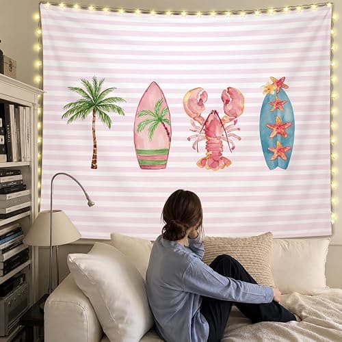 SkyCozy Pink Surf Coastal Beach Wall Tapestry,Surf Board Room Decor, Summer Coastal Preppy Trendy Retro East Coast Coquette Surfboard Crawfish Tapestry Decor for Girls Room College, 50x60 Inch thumbnail 2