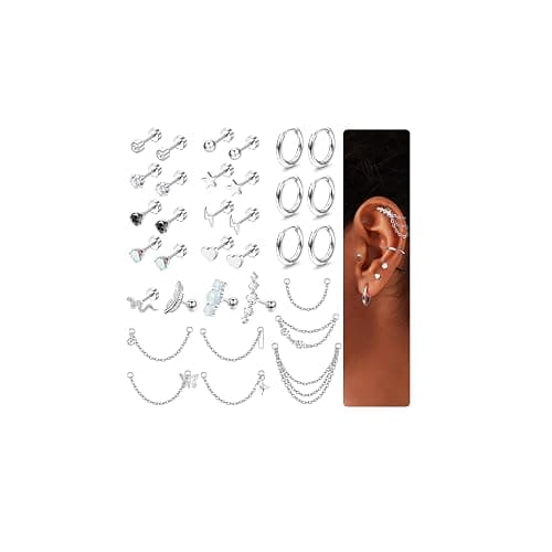 Chriscoco 33Pcs Stainless Steel Cartilage Earrings for Women Flat Back Stud Earrings Helix Earring Small Hoop Chain Earrings Hypoallergenic CZ Opal Star Heart Snake Tragus Conch Helix Piercing Jewelry - Image 1
