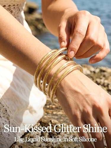 Alphatool Glitter Jelly Gold Bangles Bracelets for Women | Gold Soft Silicone Sparkling Ladies Fashion Stackable Jewelry Gift for Party thumbnail 3