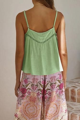 Allimy Womens Casual Adjustable Straps V Neck Linen Pleated Crochet Cami Shirt Tanks Tops thumbnail 4