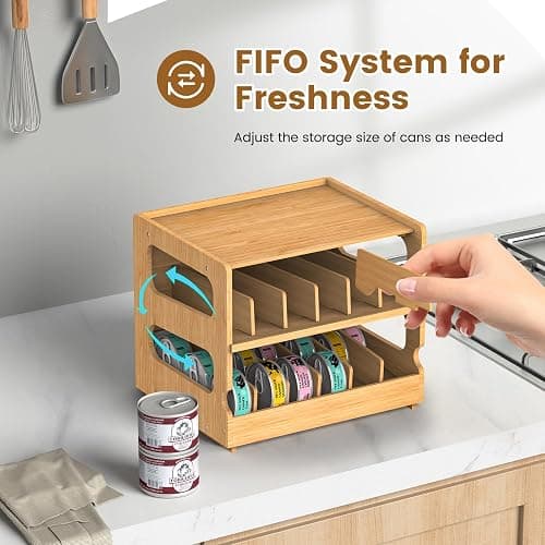 Teamkio Can Organizer for Pantry, Bamboo Pantry Organizer, 2 Tier Stackable Can Storage Rack Ideal for 36 Human and Pet Food Cans(FIFO) thumbnail 3