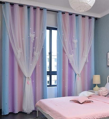 Yancorp Curtains for Girls Bedroom Kids Room Curtain Colorful Window Nursery Curtain 96 inches Length Room Darkening Grommet 2 Layers (Pink Purple, W52 X L96) - Pink Purple Green - 52"W x 96"L (Pack of 1) - Image 1