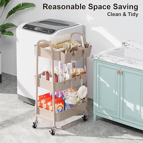 3 Tier Khaki Metal Utility Rolling Cart, Storage Cart with Handle and Lockable Wheels, Multifunctional Organizer Trolley with Mesh Storage Baskets for Kitchen, Office, Living Room, Laundry, Garage - Rustic Khaki - 3 tier thumbnail 2