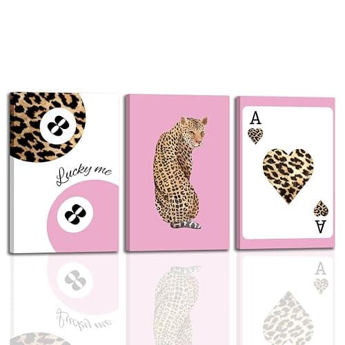 3Pcs Framed Leopard Wall Art Cheetah Canvas Prints Lucky 8 Ball Wall Decor Fashion Leopard Poster Aesthetic Pictures Trendy Cheetah Painting Preppy Artwork for Corridor Living Room Bedroom 12x16in - Image 1