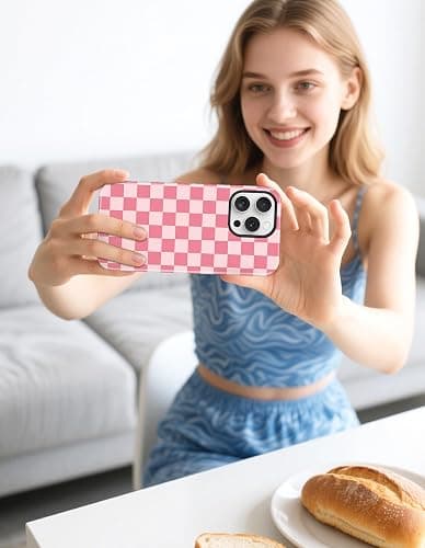 Jusy Magnetic Checkered Phone Case for iPhone 17,Pale Pink | Compatible with MagSafe, Cute Aesthetic Plaid Design, TPU and PC Protective Shockproof Cover thumbnail 6