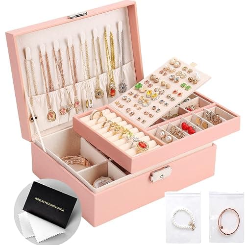 Jewelry Organizer Box, Leather Jewelry Box for Girls Gift Earring Organizer with Lock Double Layers Jewelry Case Removable Tray for Necklace Earring Ring with Polishing Cloth and Jewelry Bags - Image 1