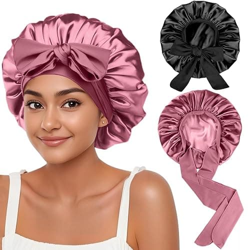 2Pcs Silk Hair Satin Bonnet for Sleeping Women,Large Satin Sleep Bonnets for Women with Elastic Tie Band Silk Hair Wrap with Ajustable Straps,Night Sleep Cap for Curly Braids,Black+Rose Gold thumbnail 9