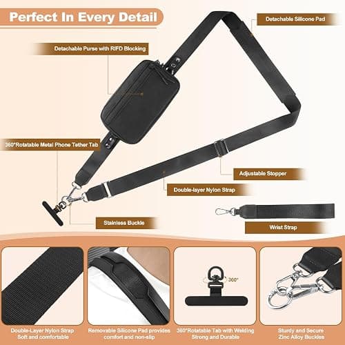 YFWE Clip and Go Strap for Phone with Wallet Crossbody, Adjustable Phone Lanyard with Detachable RFID Wristlet Wallet, Black (L) thumbnail 5