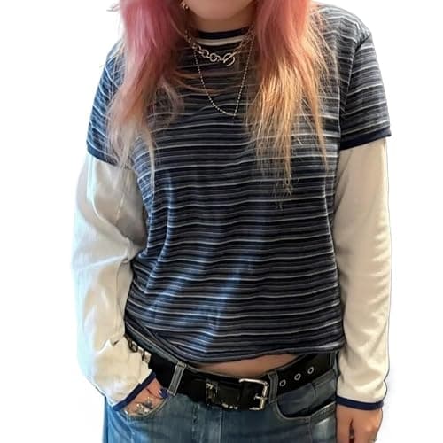 Y2k Grunge Striped Shirts Teen Girls Women Scene Alt 2000s Clothes Long Sleeve Emo Goth Top Vintage Graphic Tees - Image 1