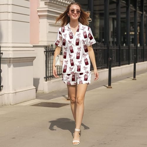 ELUNORUS Women 2PCs Satin Pajama Set Short Sleeve Silk Feel Gift Sleepwear | Soft stretch satin; relaxed comfort fit sizes S-3XL for sleep & lounge; short sleeve top, elastic waist shorts; easy care thumbnail 7