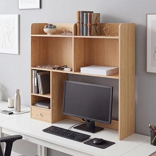 Cinnvoice Natural Desktop Bookshelf Countertop Storage Hutch with Drawer for Computer Desk 5-Tier Display Rack Multipurpose Wood Desktop Hutch Storage Organize for College Dorm Home Office Supply thumbnail 7