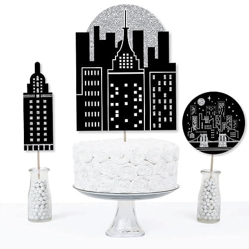 Nighttime City Skyline Party Centerpiece Sticks - Table Toppers - 15pc | Black & Silver Table Decorations, 3 Unique Cityscape Themed Shapes, Sticks and Stickers Included, USA-made thumbnail 3