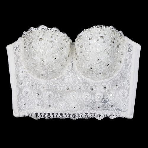ELLACCI Women's Natural Reigning Lace Rhinestone Bustier Crop Top Sexy Mesh Corset Top Bra thumbnail 4
