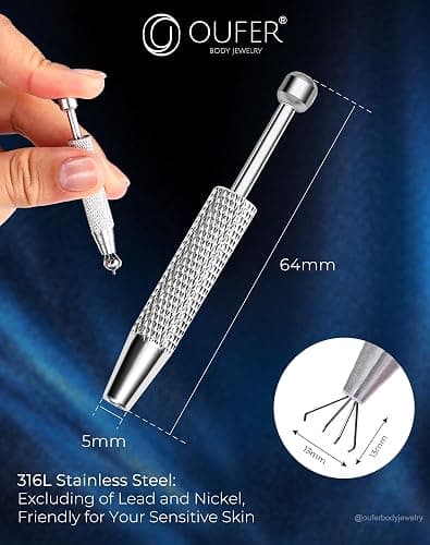OUFER Piercing Ball Grabber, 16G 18G Flat Back Earrings Piercing Guide needle Tool, Surgical Steel Internally Threaded Push Pin External Thread Assistant Body Piercing Kit for Ear Nose Lip Tool thumbnail 7