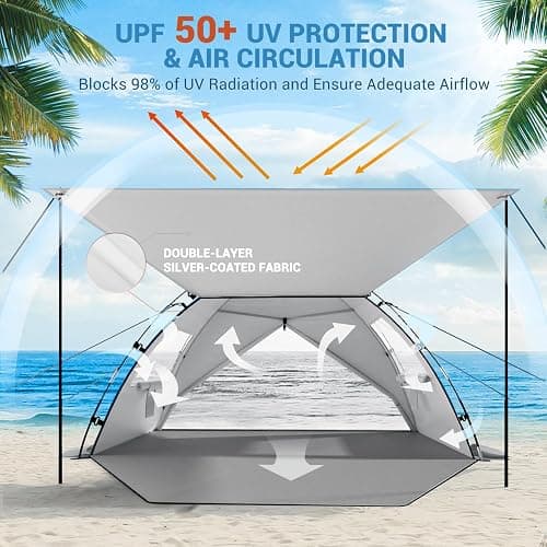 Elegear CumbreX™ Beach Tent Sun Shelter with Canopy, 4-5 Person Pop Up Beach Tent, Easy Setup UPF 50+ UV Protection Portable Lightweight Double Silver Coating Cabana Sun Shade Shelter - Silver thumbnail 4