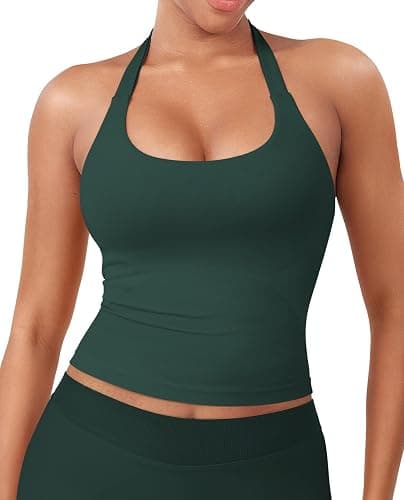 YEOREO SoftHue Women's Impact Halter Tank Top Longline Backless Scoop Neck Built-in Bra Sports Workout Gym Crop Top - Image 1